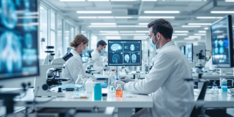 Forschungslabor mit mehreren Arbeitsstationen und wissenschaftlicher Ausrüstung