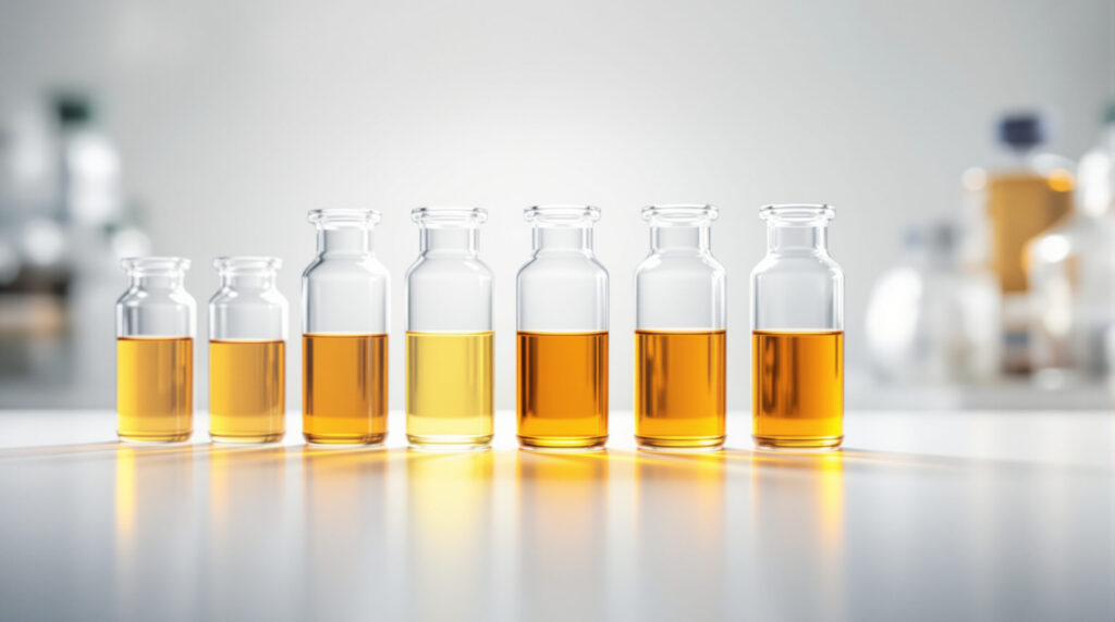 Glasfläschchen mit abgestuften Konzentrationen einer Cannabinoid-Lösung