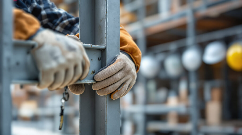 Hände eines Bauarbeiters beim Heben eines Stahlträgers