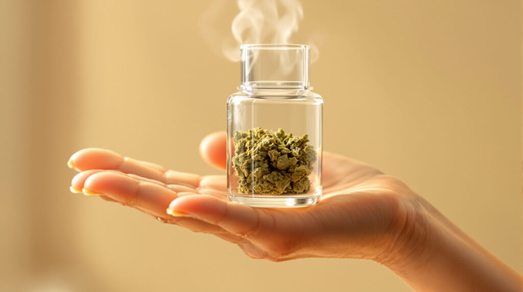Hand hält Vaporizer-Kammer mit Cannabis als rauchfreie Alternative