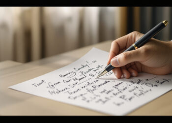 Hand mit Unterschriftenliste und Füller auf Holztisch