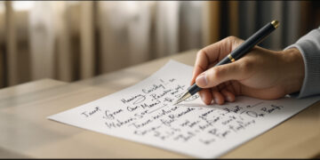 Hand mit Unterschriftenliste und Füller auf Holztisch