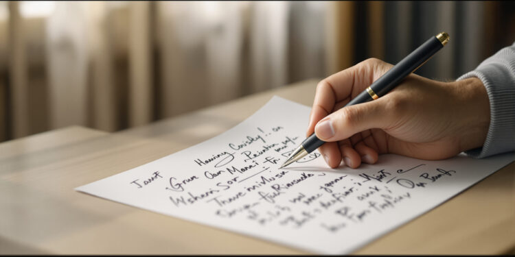 Hand mit Unterschriftenliste und Füller auf Holztisch