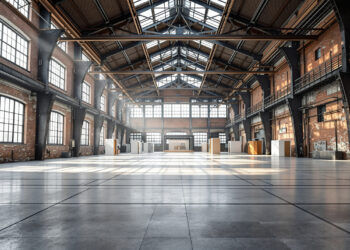 Industriehalle des Areal Böhler mit Stahlträgern und Backsteinwänden