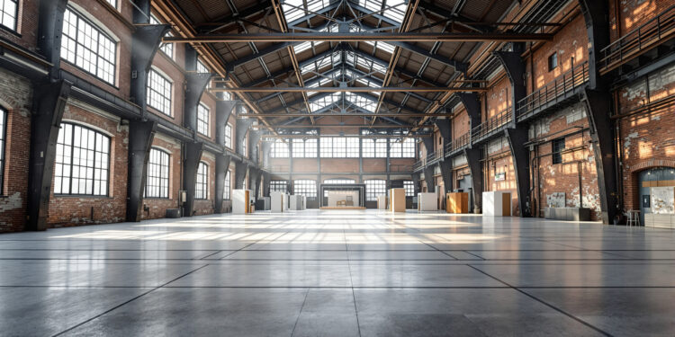 Industriehalle des Areal Böhler mit Stahlträgern und Backsteinwänden