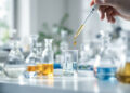 Laboraufbau zur Cannabinoid-Forschung mit Glaskolben und Pipette