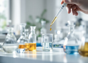 Laboraufbau zur Cannabinoid-Forschung mit Glaskolben und Pipette