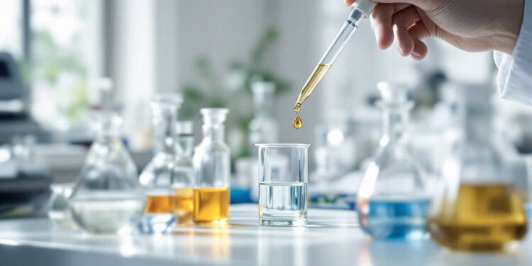 Laboraufbau zur Cannabinoid-Forschung mit Glaskolben und Pipette