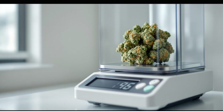 Laborwaage mit Cannabis-Blüten zur Erfassung von Importmengen