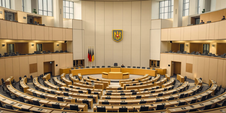 Leerer Plenarsaal eines deutschen Landtags mit Abgeordnetenbänken