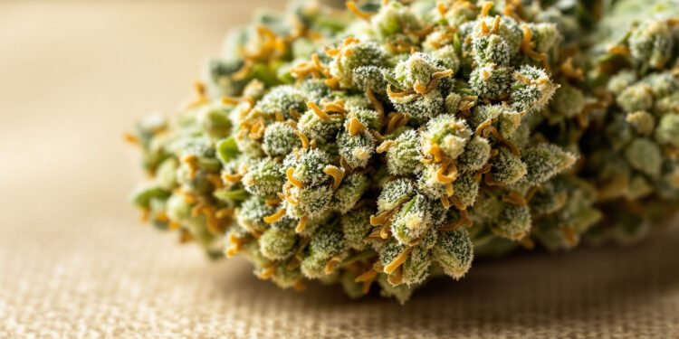 Makroaufnahme von Cannabis-Blüten mit sichtbaren Trichomen und Pistillen