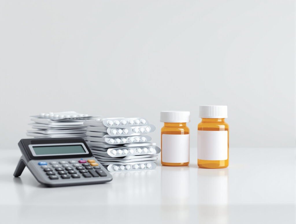 Medikamentenpackungen und Taschenrechner auf Apothekentisch