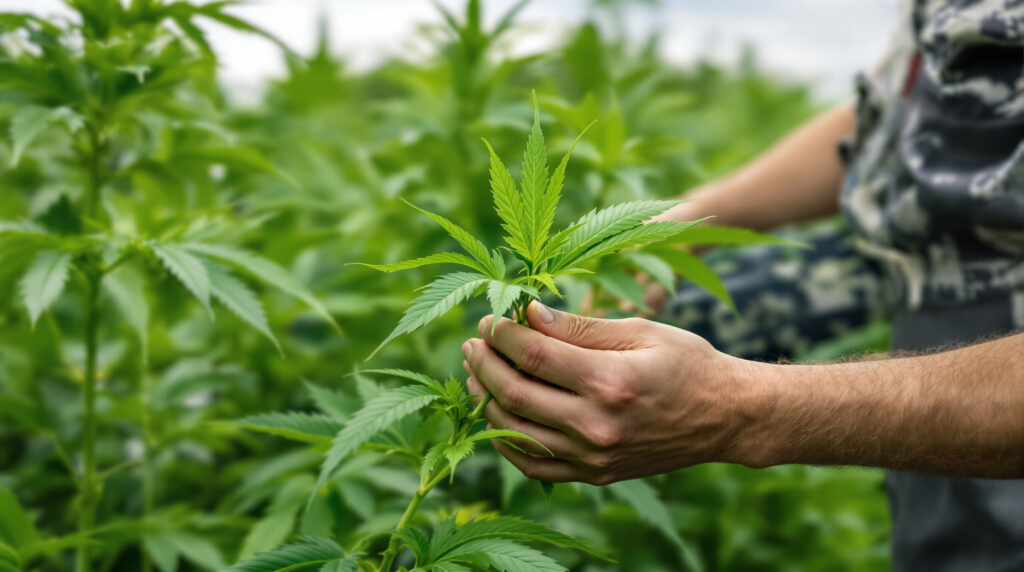 Nutzhanffeld zur Blatternte, Hand prüft Blattqualität im Vordergrund