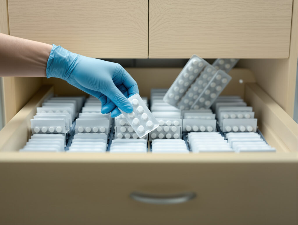 Opioid-Medikamente werden in Apothekenschrank zurückgelegt, Reduktion der Verschreibung