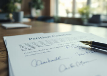 Petitionsdokument mit Unterschriften auf Schreibtisch