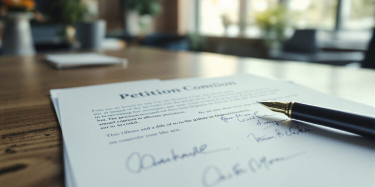 Petitionsdokument mit Unterschriften auf Schreibtisch