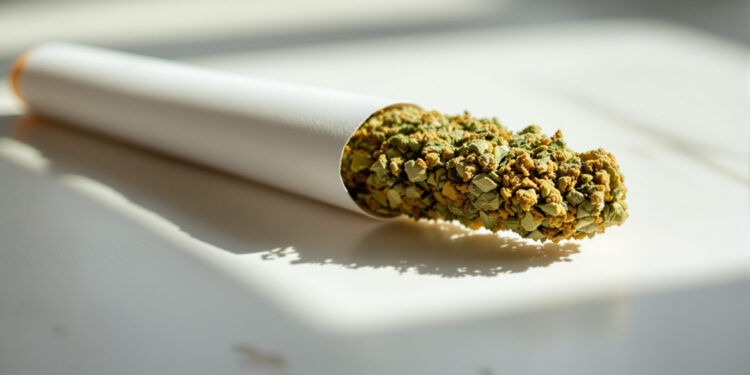 Pur gedrehter Cannabis-Joint auf heller Holzoberfläche ohne Tabakmischung