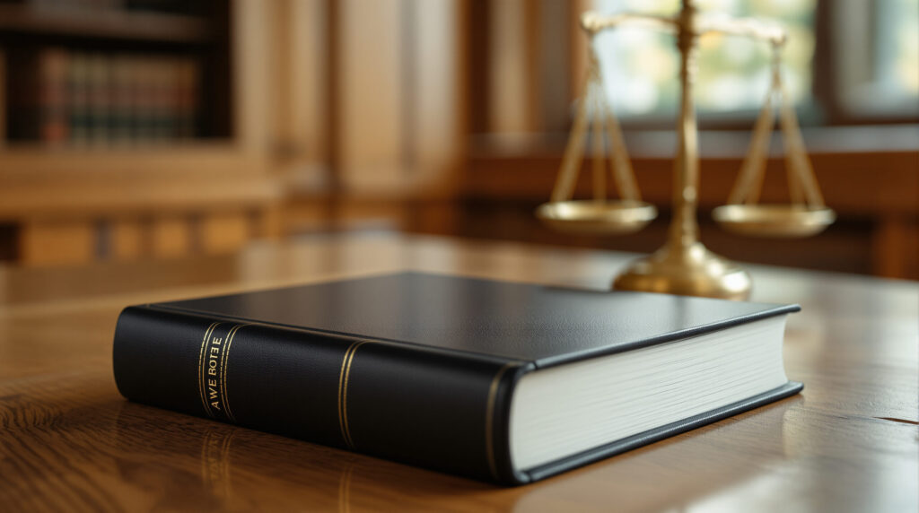 Rechtsbuch und Waage auf Richterpult