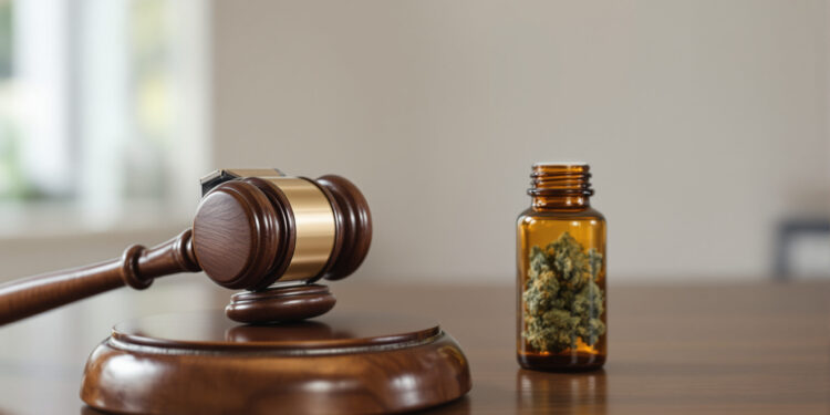 Richterhammer neben Cannabisblüten-Flasche auf Schreibtisch