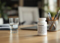 Schreibtisch mit Medikamentenflasche und Arbeitsmaterialien