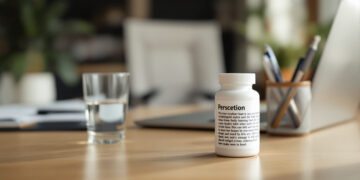 Schreibtisch mit Medikamentenflasche und Arbeitsmaterialien