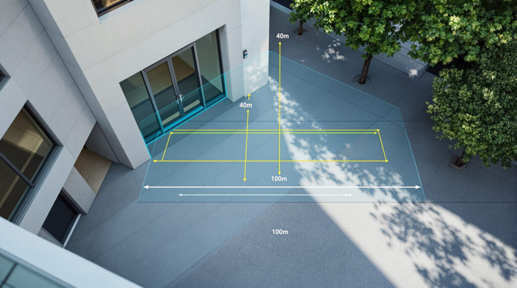 Städtische Sichtlinienverhältnisse mit Gebäudegeometrie und Distanzmarkierungen