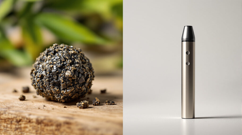 Traditionelles Haschisch neben modernem Vaporizer-Produkt im Vergleich