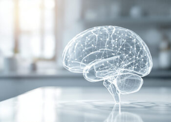 Transparentes Gehirnmodell auf Labortisch mit neuronalen Verbindungen