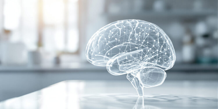 Transparentes Gehirnmodell auf Labortisch mit neuronalen Verbindungen
