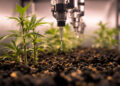 Tropfbewässerung mit Nährlösung an Cannabis-Pflanze im professionellen Indoor-Anbau