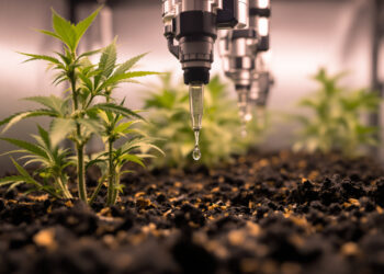 Tropfbewässerung mit Nährlösung an Cannabis-Pflanze im professionellen Indoor-Anbau