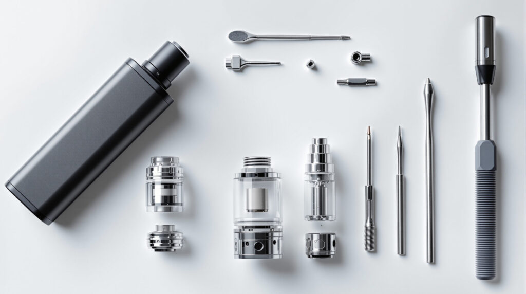 Zerlegte Komponenten eines Vape-Systems zur Kompatibilitätsprüfung