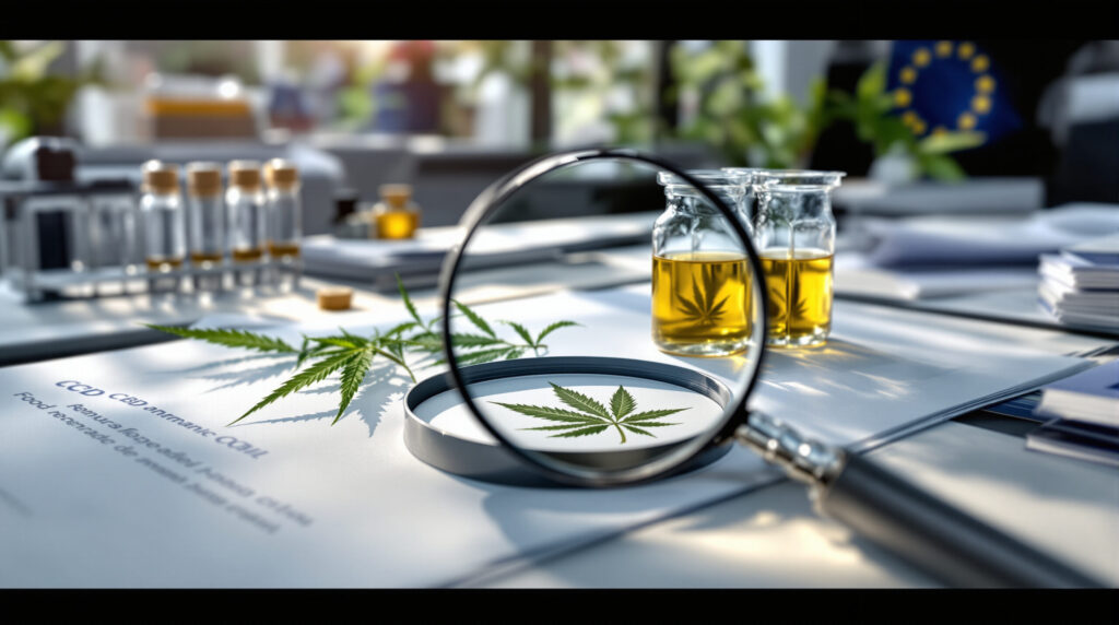 Regulierungsdokumente und CBD-Proben in einem behördlichen Prüfumfeld zur Novel Food-Zulassung