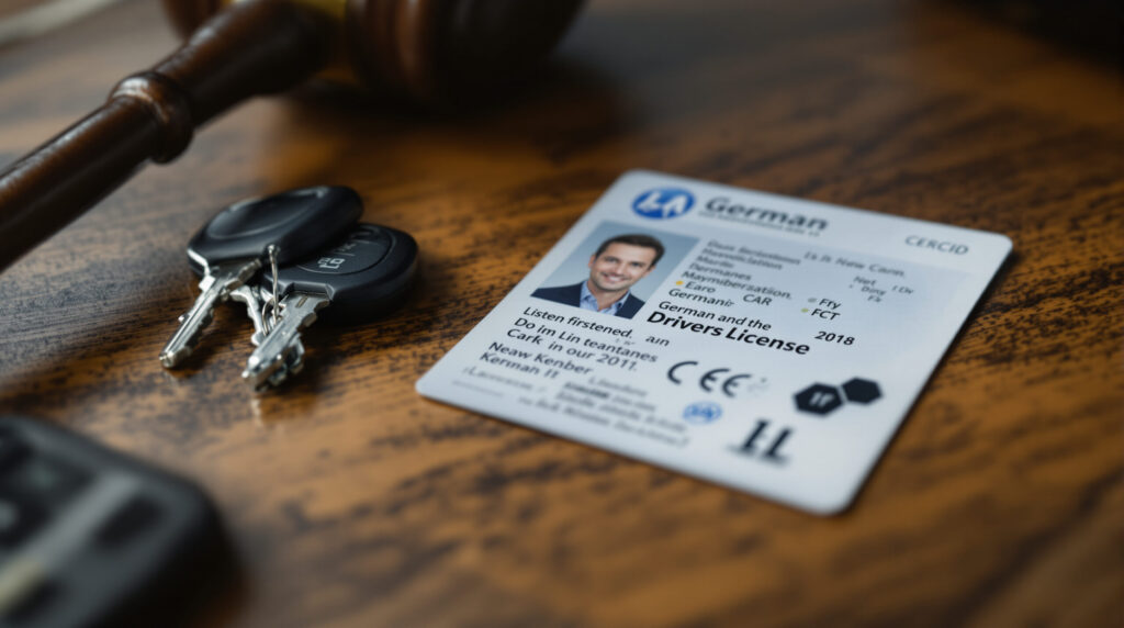 Führerschein und Autoschlüssel auf einem Schreibtisch neben einem Richterhammer