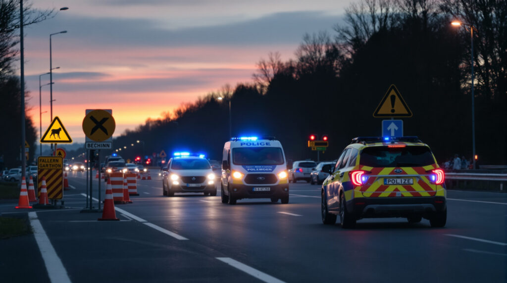 Polizeikontrolle auf deutscher Straße bei Dämmerung mit Blaulicht