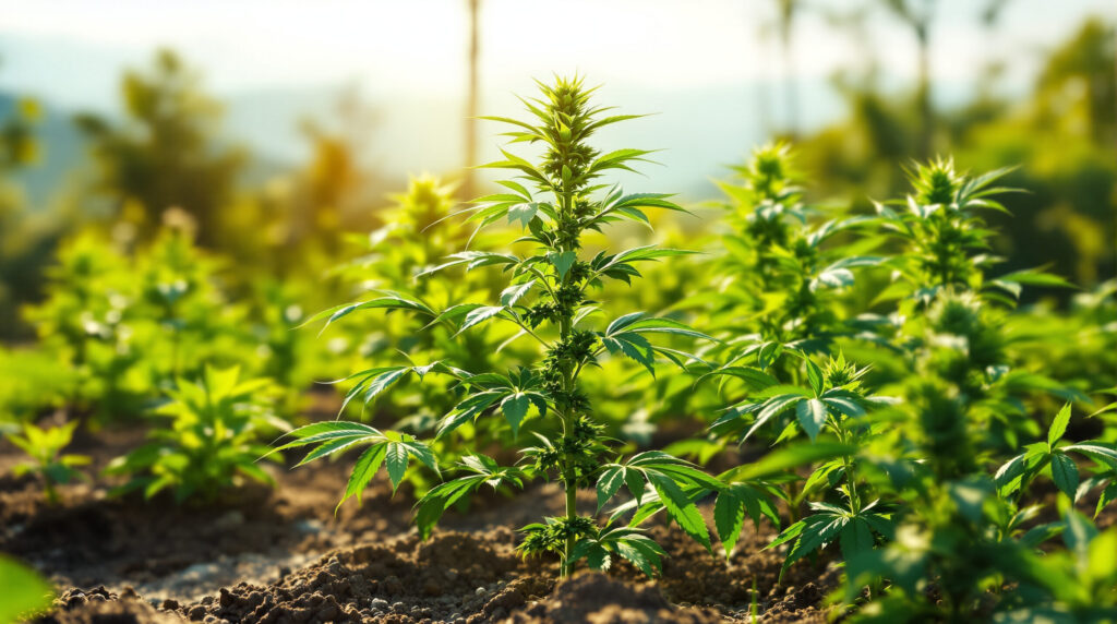 Cannabis-Pflanzen im Outdoor-Anbau unter natürlichem Sonnenlicht in einem Garten
