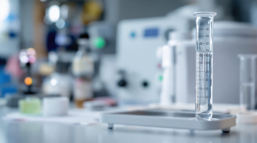 Laborprobe mit Messskala symbolisiert wissenschaftliche Grenzwert-Bestimmung bei Cannabis