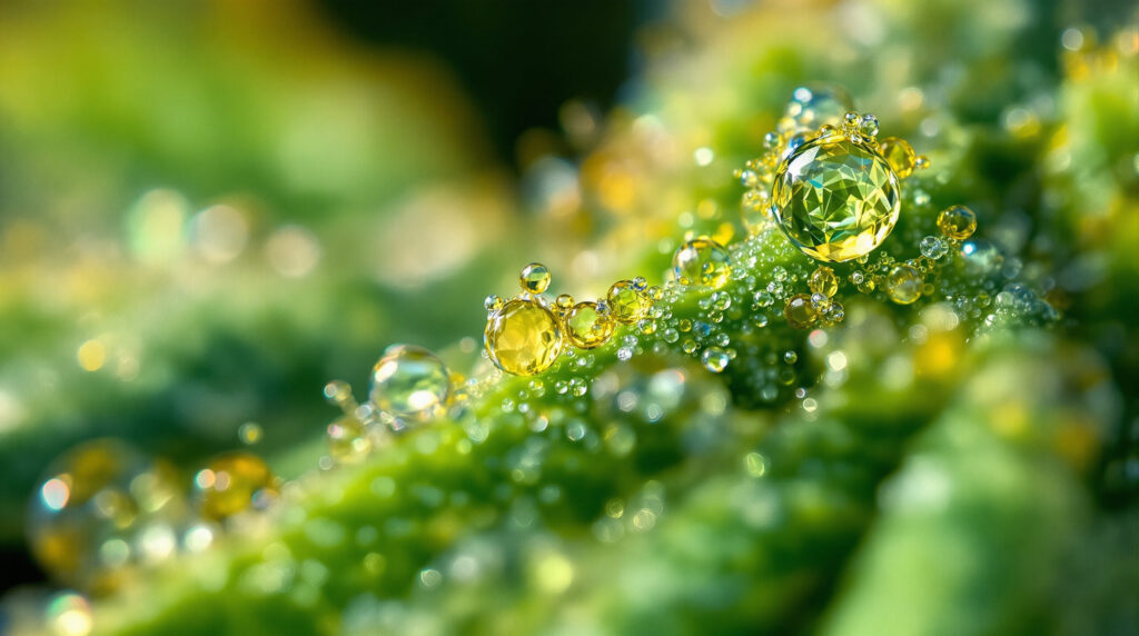 Nahaufnahme von Cannabistrichomen mit kristallinen Phytocannabinoiden unter natürlichem Licht