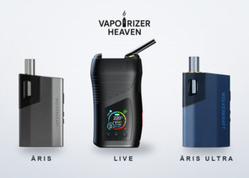 Die Wolkenkraft-Vaporizer ÄRIS, LIVE und ÄRIS Ultra nebeneinander, mit Vaporizerheaven-Logo