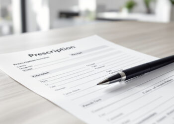 Ärztliches Rezept mit Stift auf Schreibtisch in Arztpraxis