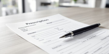 Ärztliches Rezept mit Stift auf Schreibtisch in Arztpraxis
