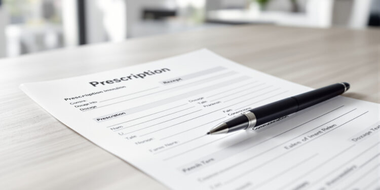 Ärztliches Rezept mit Stift auf Schreibtisch in Arztpraxis