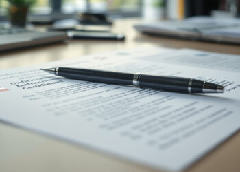 Amtliches Dokument mit unscharfem Text auf einem Schreibtisch