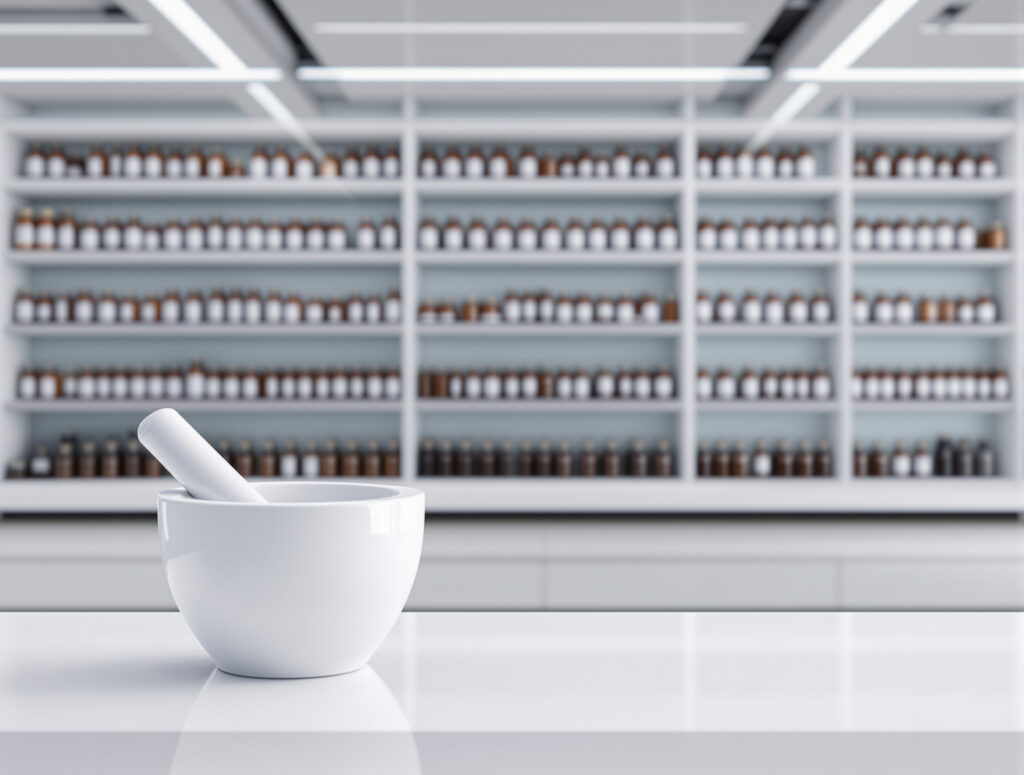 Apotheken-Arbeitsplatz mit Mörser und Arzneimittelflaschen
