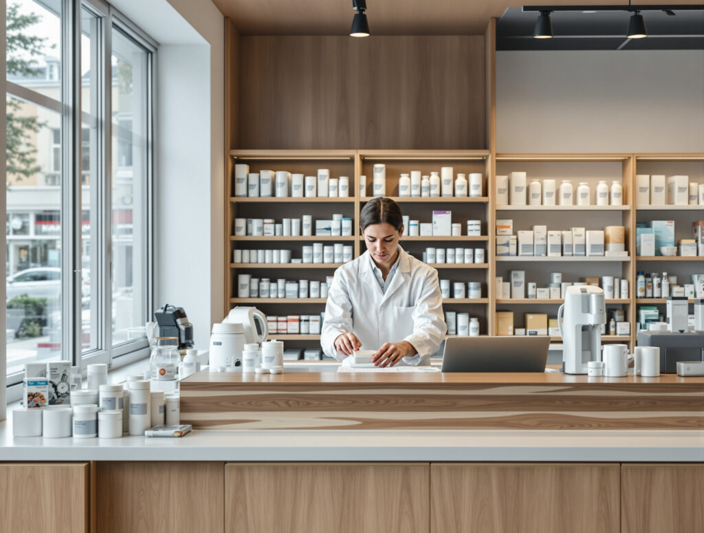 Apothekentheke in deutscher Apotheke mit Fachpersonal bei der Arbeit