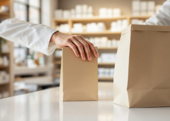 Apothekentheke mit Hand beim Verpacken eines Produkts in neutraler Papiertüte