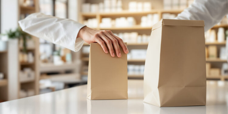 Apothekentheke mit Hand beim Verpacken eines Produkts in neutraler Papiertüte