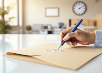 Behörden-Arbeitsplatz mit Dokumentenmappe und Stempel in Portugal