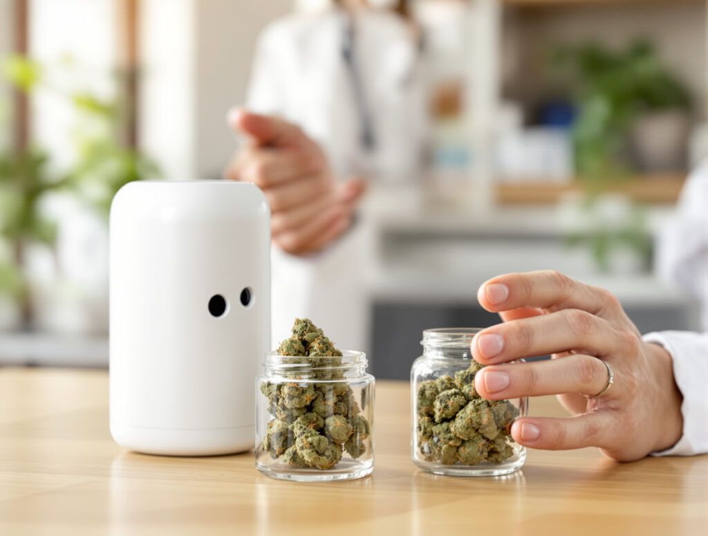 Beratungsgespräch in Apotheke mit Vaporizer und Cannabisblüten auf Theke