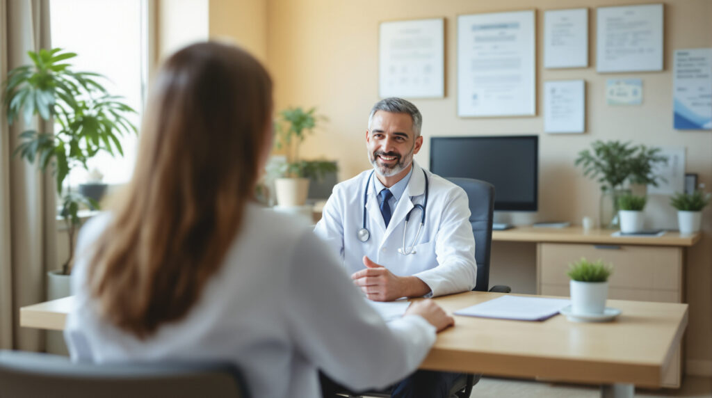 Beratungssituation im Arztzimmer aus Patientenperspektive von hinten
